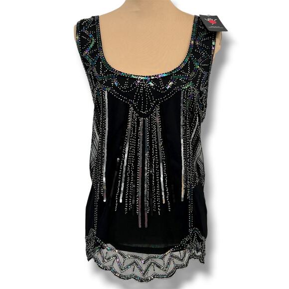 VISION FOR INNOVATION NWT Beaded and Sequined Tulle Blouse XL Glam Coquette - Picture 1 of 5